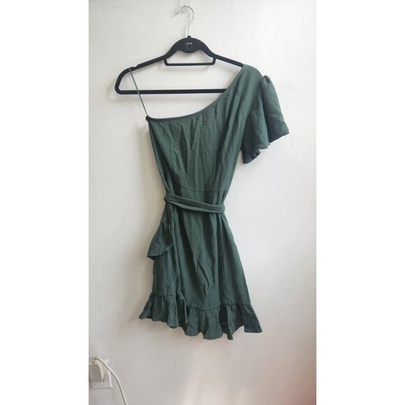 1. STATE One Shoulder Ruffle Wrap Mini Dress Green Tie Waist Size XS - Picture 6 of 9